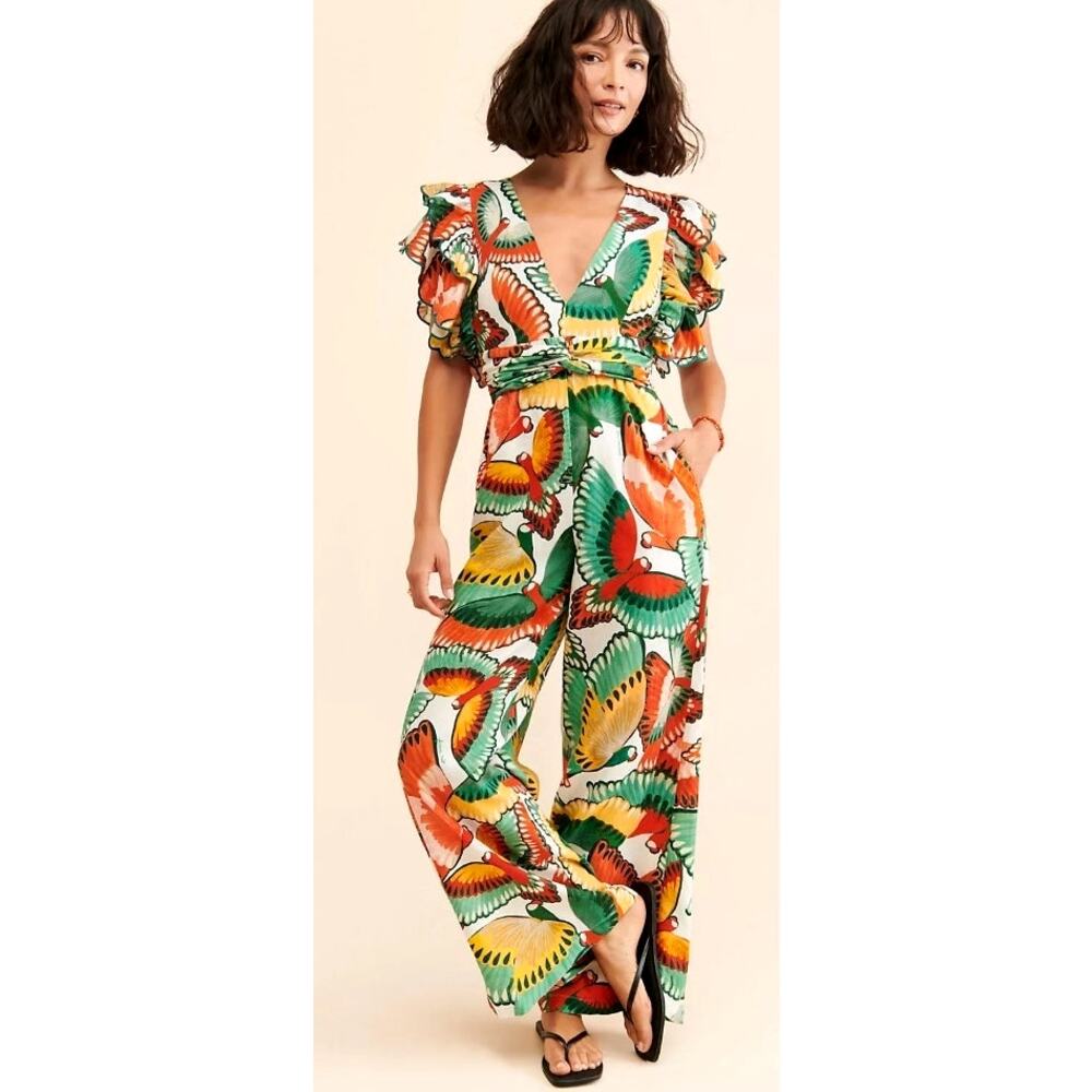 FARM Rio Ruffle-Sleeve Printed Jumpsuit S